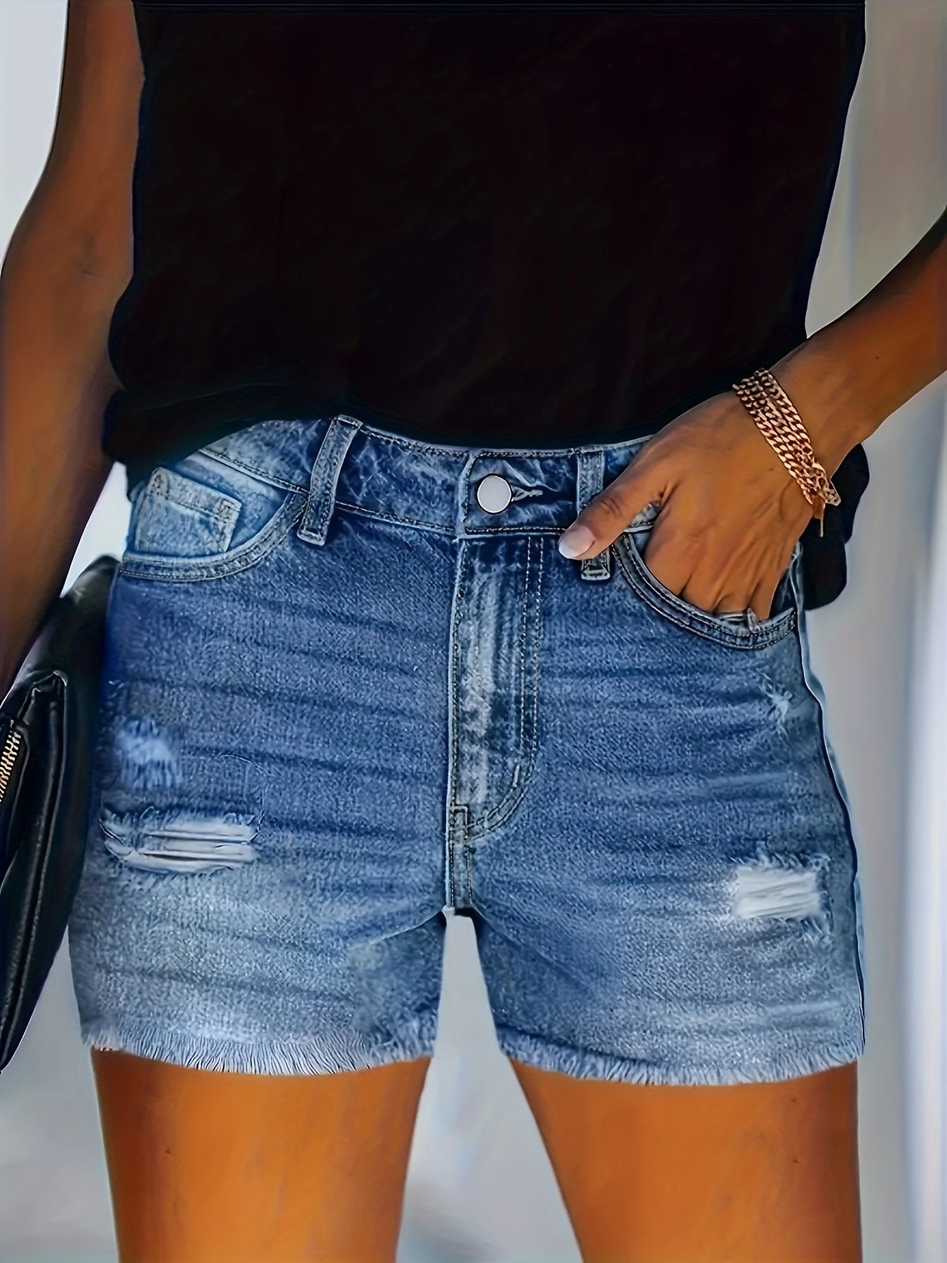 Plus Size Woman Denim Shorts Ripped Distressed Zipper Mid-Length Spring Summer