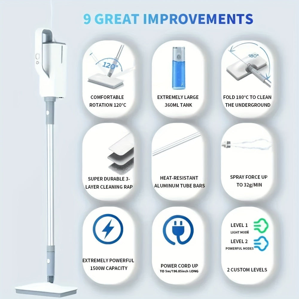 BALASHOV Elektrik Bug'li Mopa, EU Plug bilan, 360ml Suv Tanki, 30-soniya tez isitish, ikki bug' rejimi, almashtiriladigan cho'tkalar, turli xil pol turlari uchun ergonomik tutqich, foydalanish oson, tez
