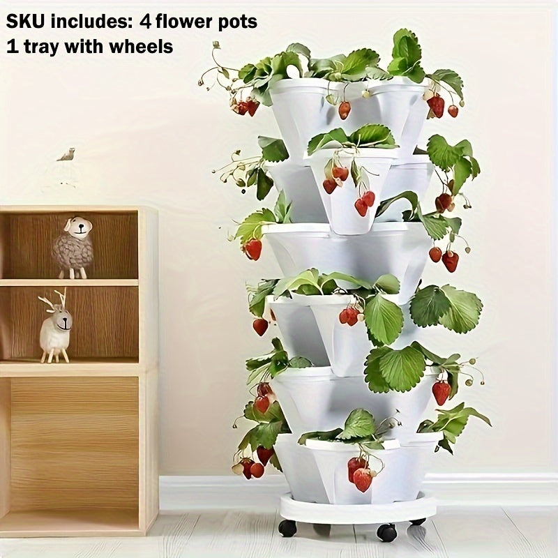 4-Tier Vertical Planter Set with Rolling Plant Caddy Indoor Outdoor Garden Tower