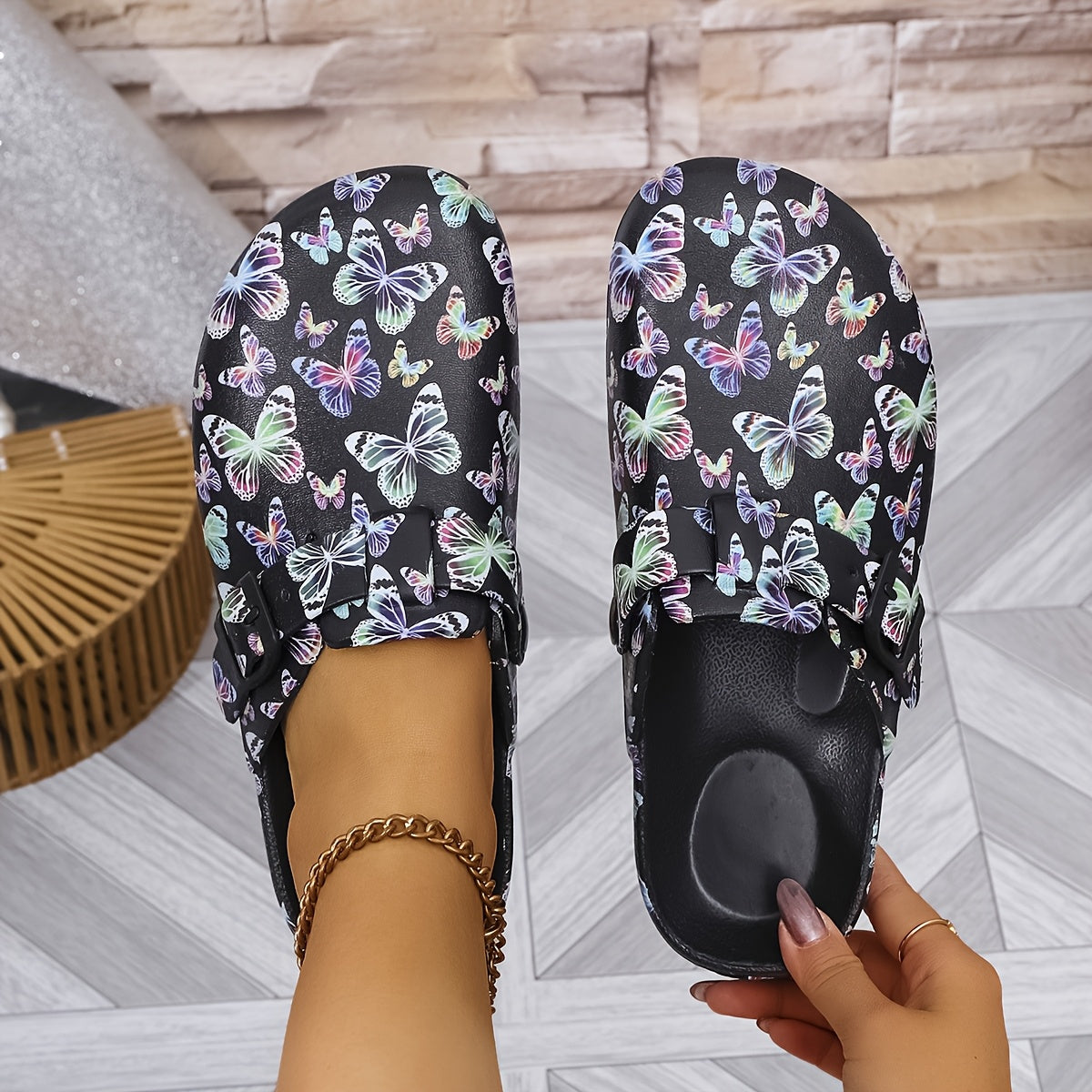 Women's Butterfly Print Black Ankle Boots with Non-slip Flat Soles