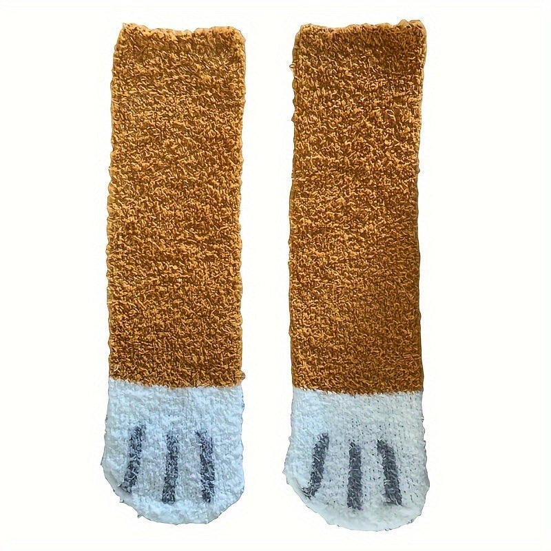 Ayollar uchun qiziqarli mushuk oyoq izi printli uy poyabzallari, qulay koral fleyse, multfilm naqshi, qo'l bilan yuvish mumkin, polyester, 1 juft