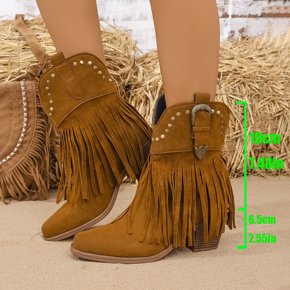 Women's Western Cowboy Boots with Rivets Fringe Fabric Upper All-Season