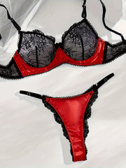 Women's Lace Satin Underwear Set No Bra High Cut Lace Trim Medium Support