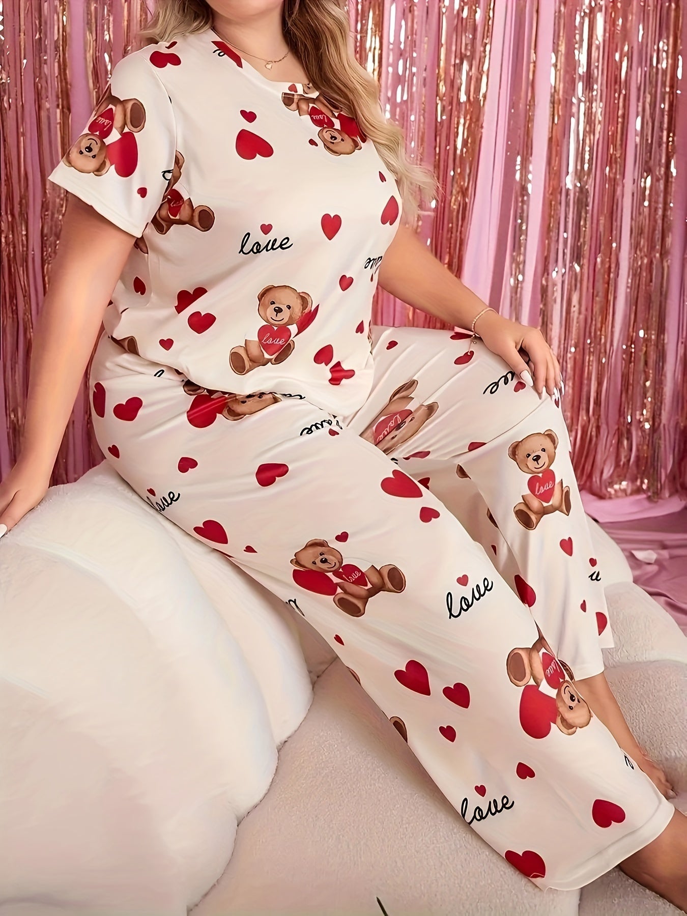 Women's Pajamas Large Size Cartoon Love Bear Sleepwear Set