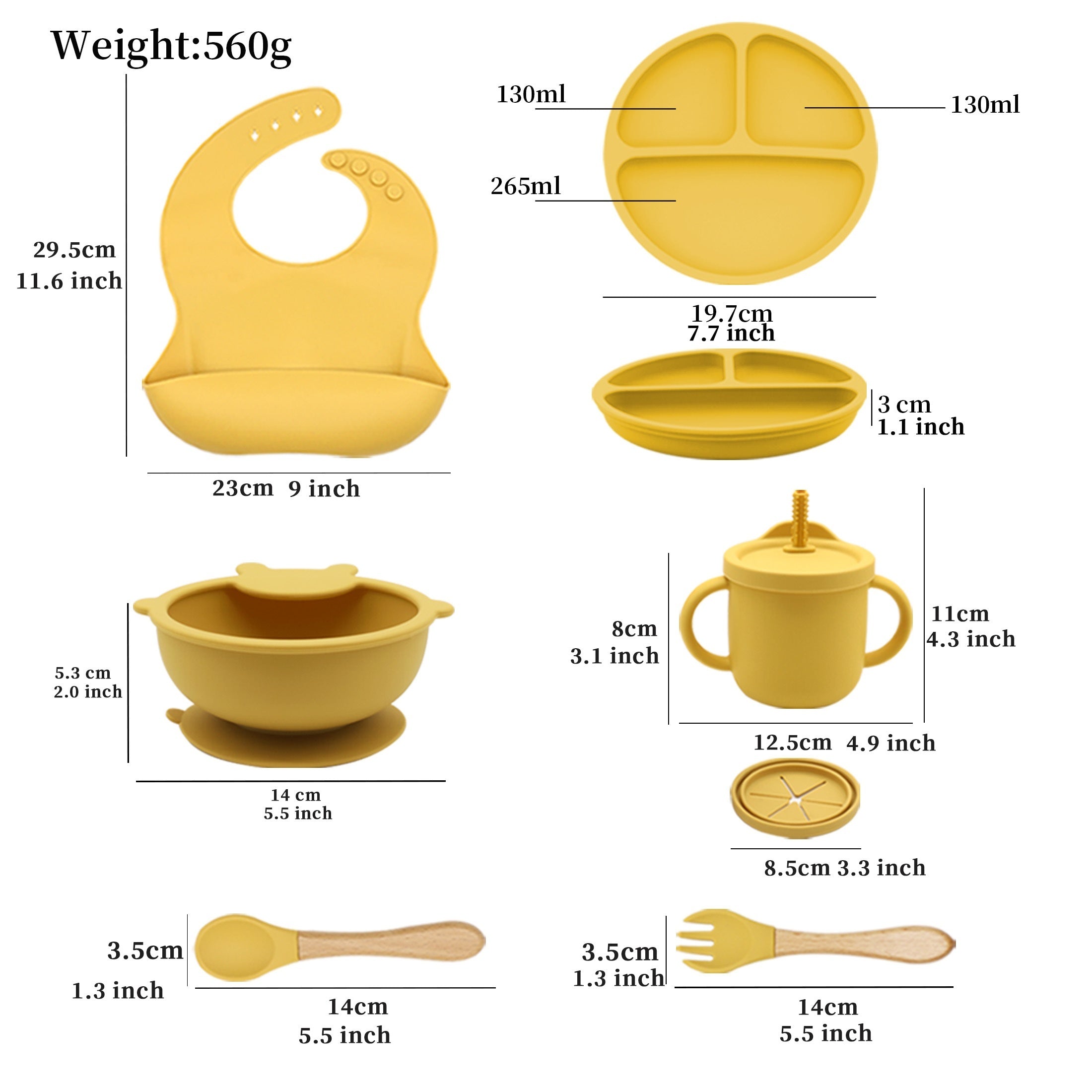 Kids Feeding Set 7 Pieces Silicone Bib Water Cup Teething Plate Suction Bowl Wooden Spoon Fork Red