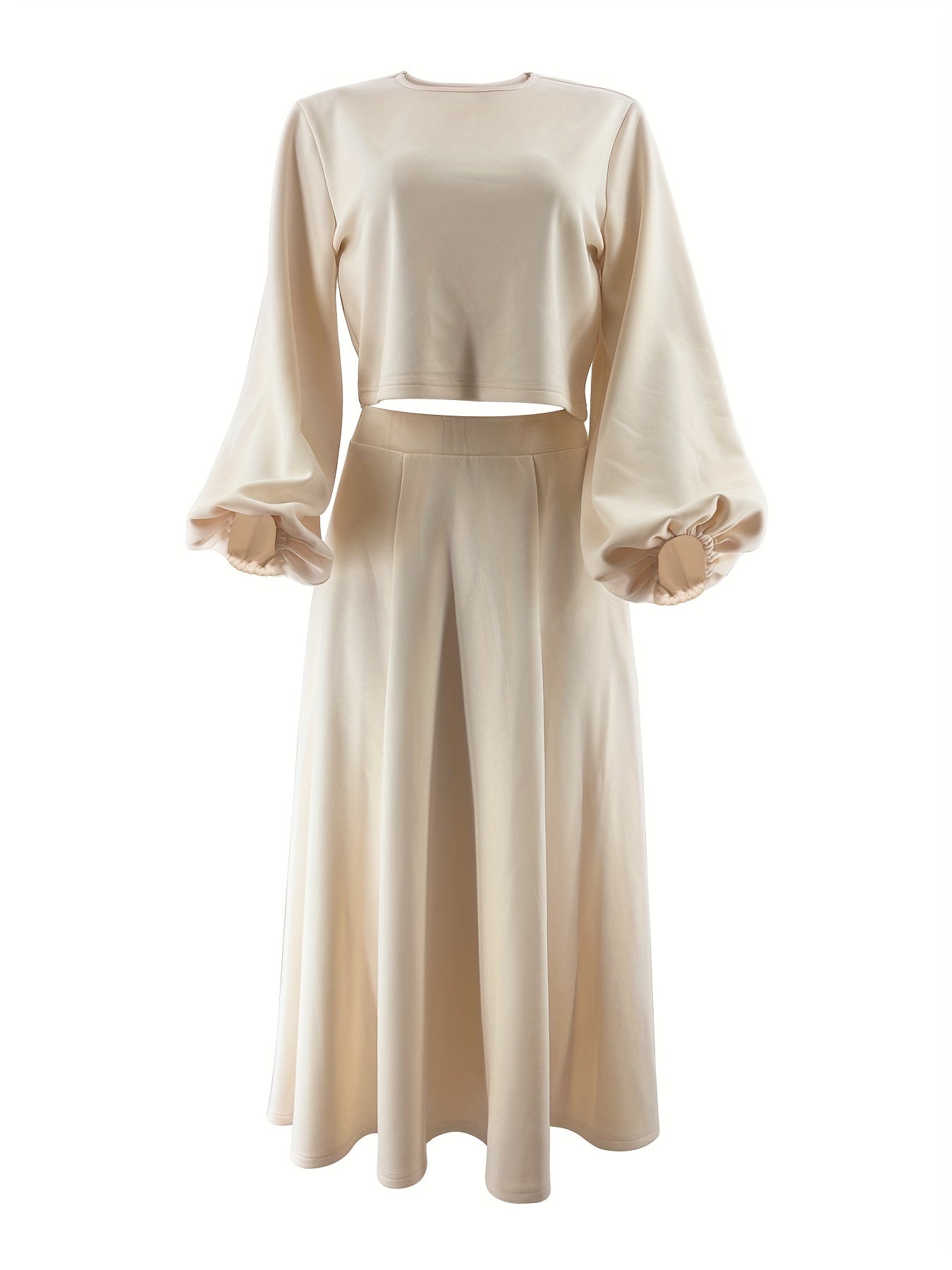 Women's Skirt Set with Lantern Sleeve Top and Draped Midi Skirt Solid Polyester All-Season