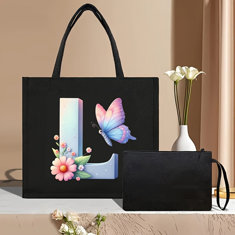 Set of 2 Floral Letter Print Canvas Tote Bags Large Handbag with Clutch Pouch