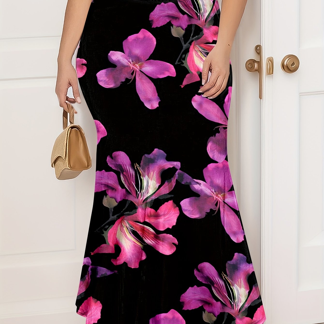 Plus Size Women's Floral Print Mermaid Skirt High Waist Knit Fabric