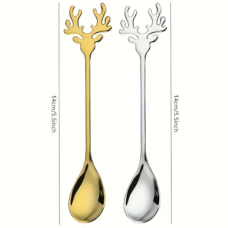 Set of 8 Christmas Deer Head Stainless Steel Coffee Spoons for Tea and Dessert