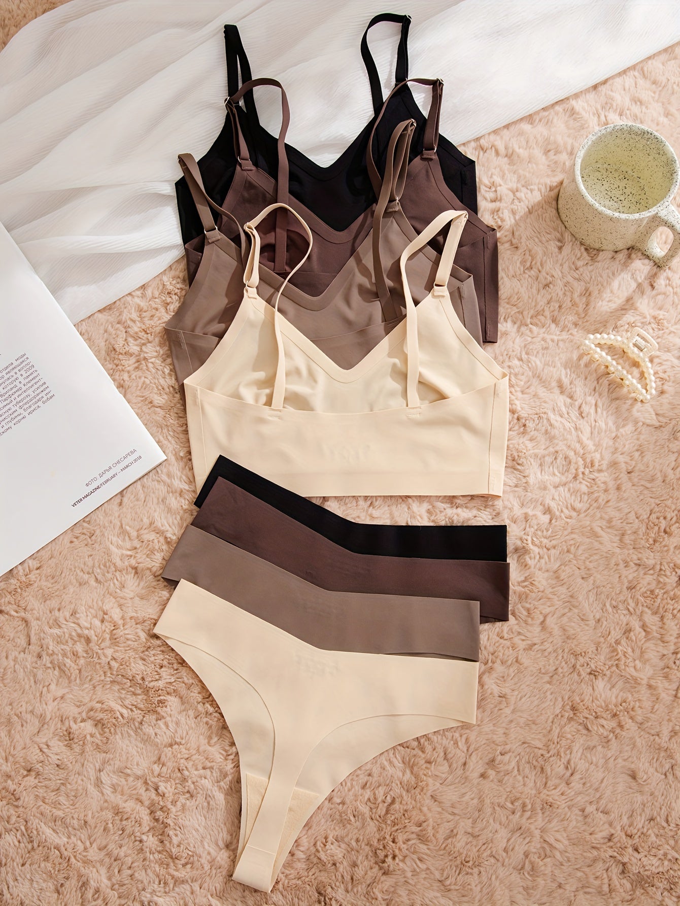 Seamless Solid Lingerie Sets for Women Wireless Bra and Elastic Thong Pack