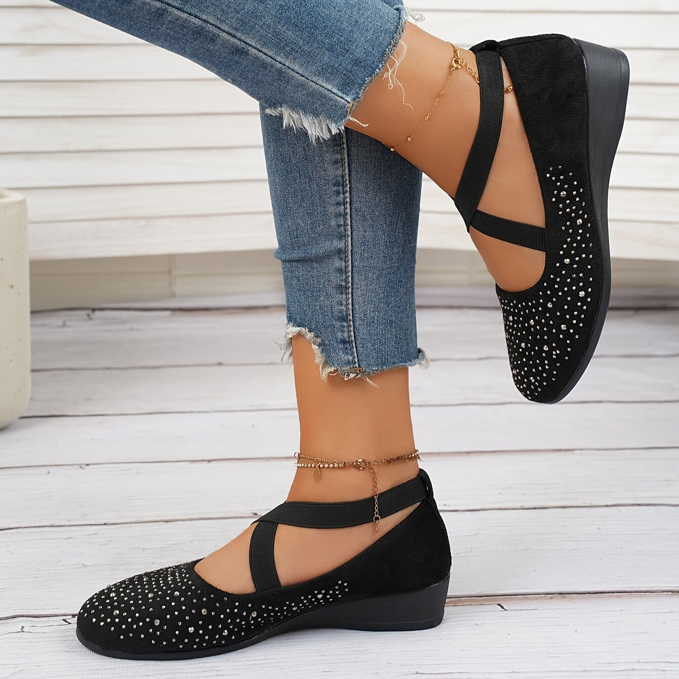 Women's Rhinestone Pattern Slip-On Wedge Shoes Light Comfortable