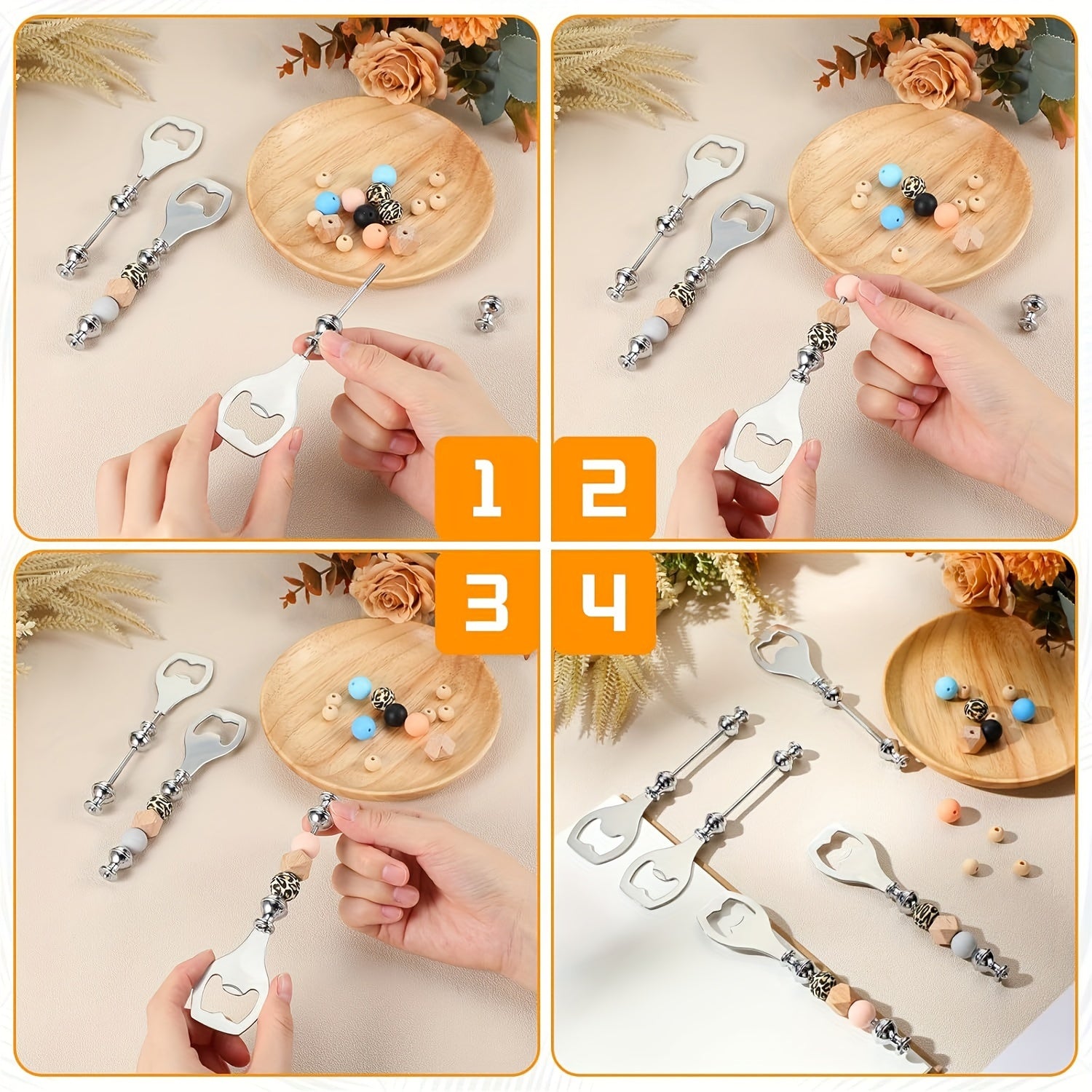 Set of 6 Silver Beaded Metal Bottle Openers for DIY Crafts and Party Favors