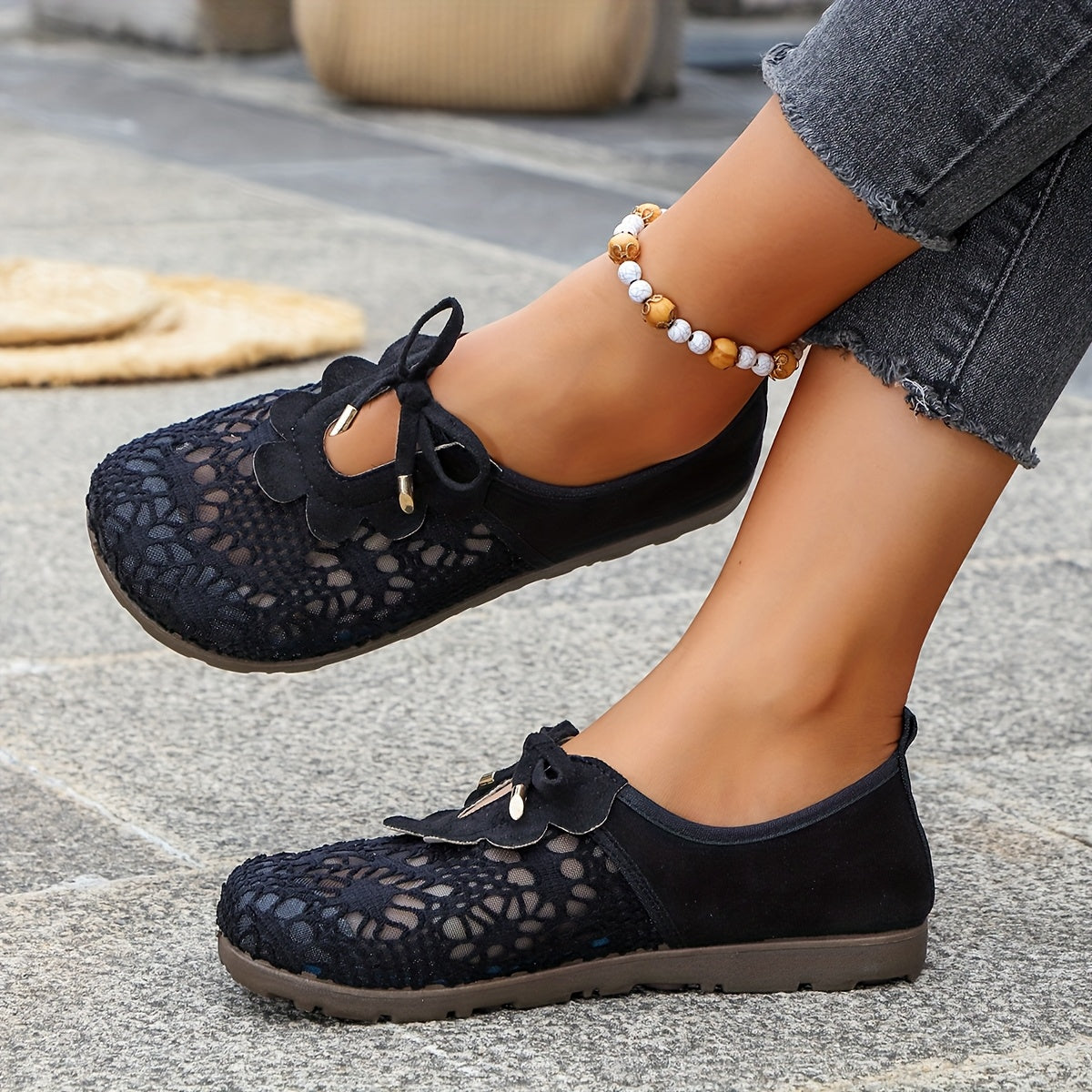 Women's Breathable Mesh Summer Shoes Openwork Slip-On Black Casual Footwear