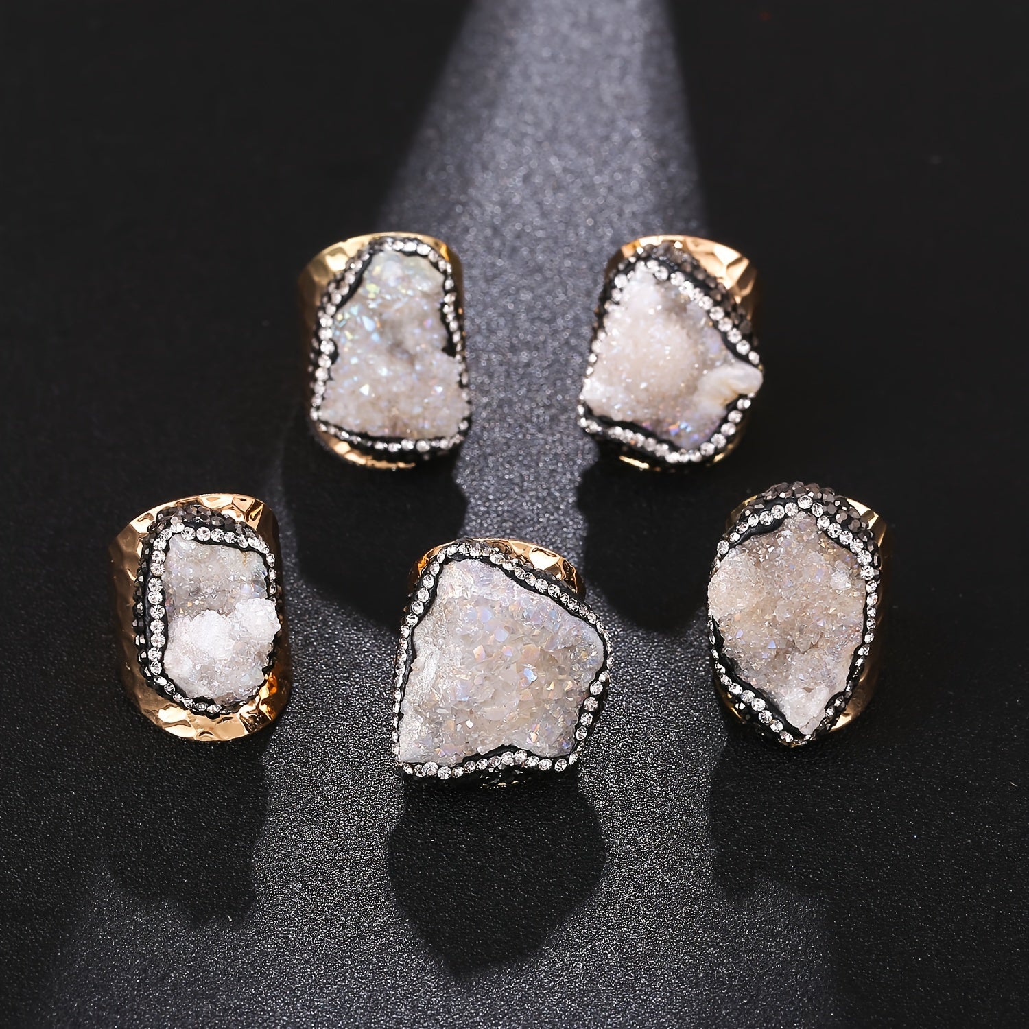 Women’s Irregular Natural Crystal Cluster Cuff Ring Alloy 18K Gold Plated Raw Stone Jewelry