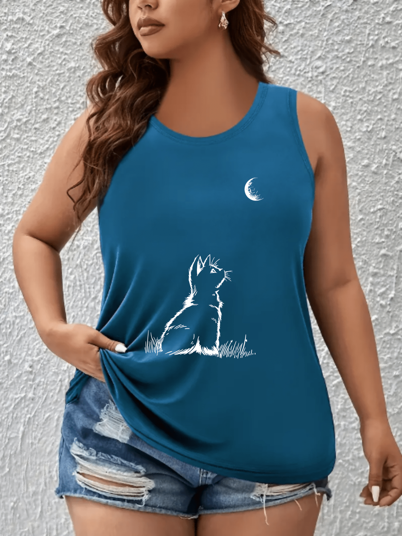 Women's Plus Size Sleeveless Tank Top with Cartoon Cat and Moon Print