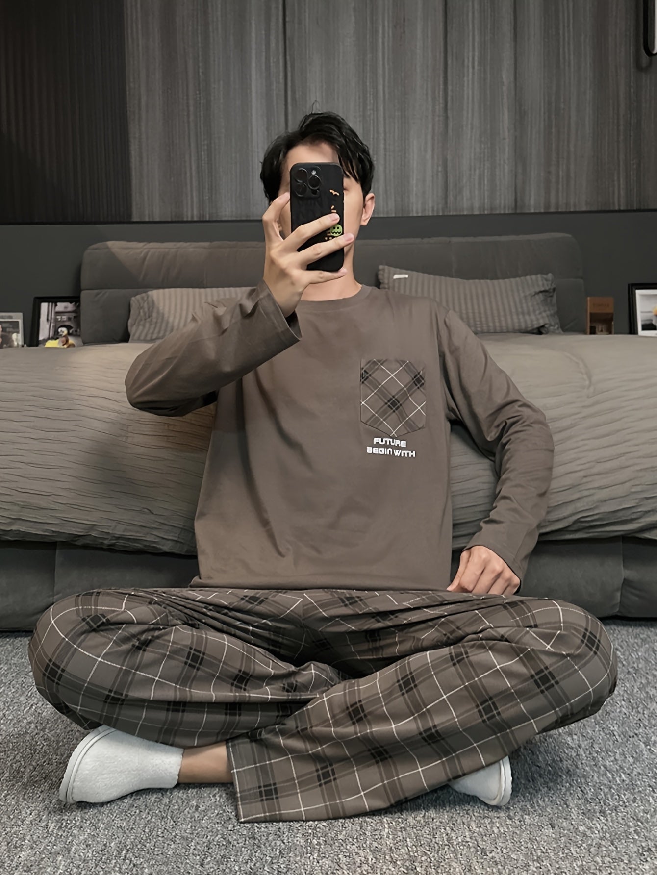 Men's Plaid Pajama Set Long Sleeve Loose Fit Spring Autumn Polyester