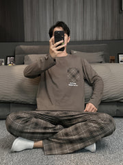 Men's Plaid Pajama Set Long Sleeve Loose Fit Spring Autumn Polyester