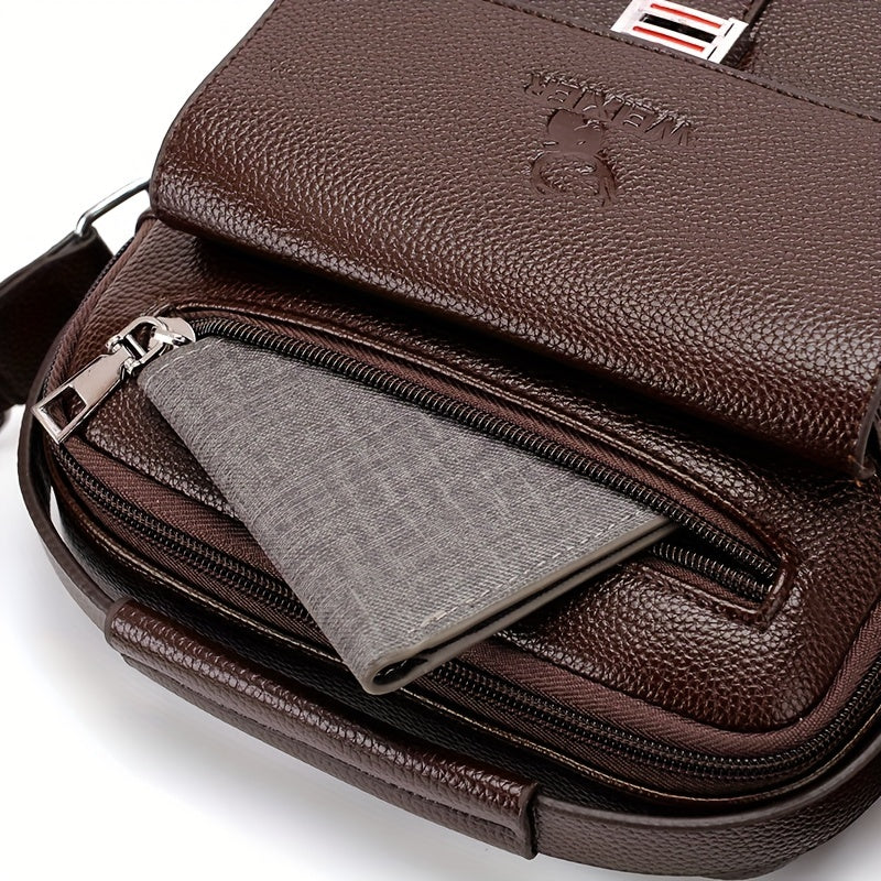 Men's Vintage Business Casual Shoulder Bag Black with Multiple Compartments and Zippered Pockets