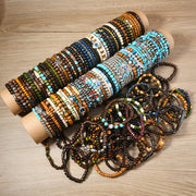 Women’s Boho Wooden Bead Elastic Bracelet Set with February Birthstone Accents