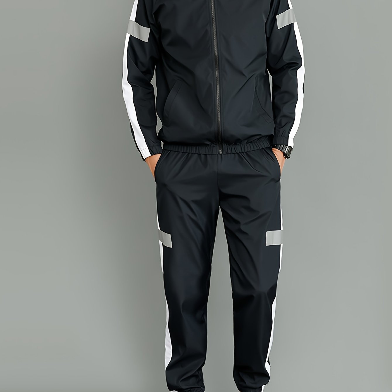 Men's Black and White Striped Polyester Sportswear Set with Reflective Accents for Spring and Fall