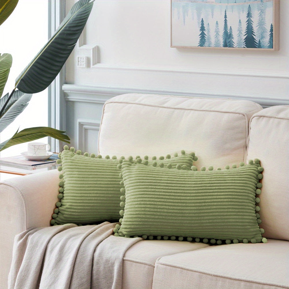 Набор из 2-х бохо наволочек для подушек с помпонами и акцентом из вельвета. Сплошные квадратные подушки для различных пространств. (18x18 дюймов/45x45 см). ВКЛЮЧЕНИЯ НЕ ВХОДЯТ.