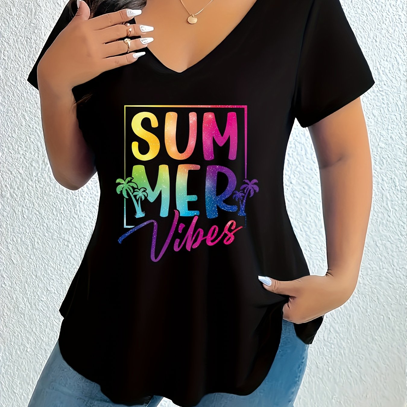 Women's Plus Size V-Neck T-Shirt Summer Graphic Short Sleeve Loose Fit