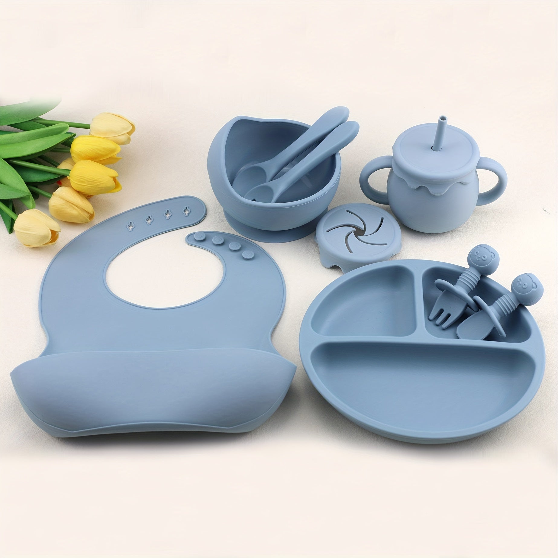 9-Piece Silicone Baby Tableware Set with Bib Plate Bowl Cup Spoon Fork