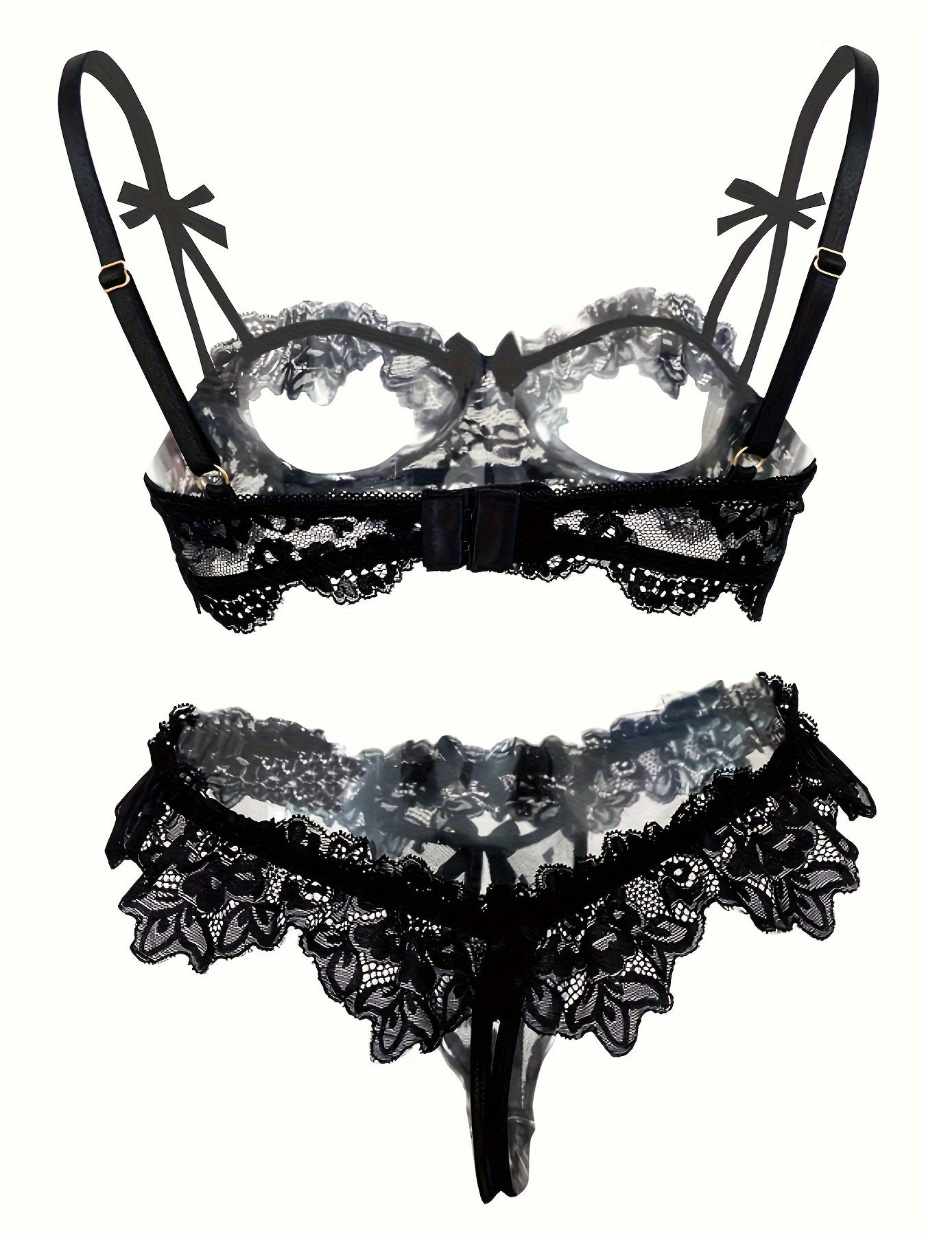 Ayollar uchun sexy ichki kiyim - ochiq ko'krakli brassiyer va qorin qismisiz ichki kiyimdan iborat qulay gullar bilan bezatilgan dantelli to'plam.