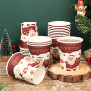 Red Christmas Disposable Paper Cups Santa Snowflake Design BPA-Free Recyclable Cold Drinks