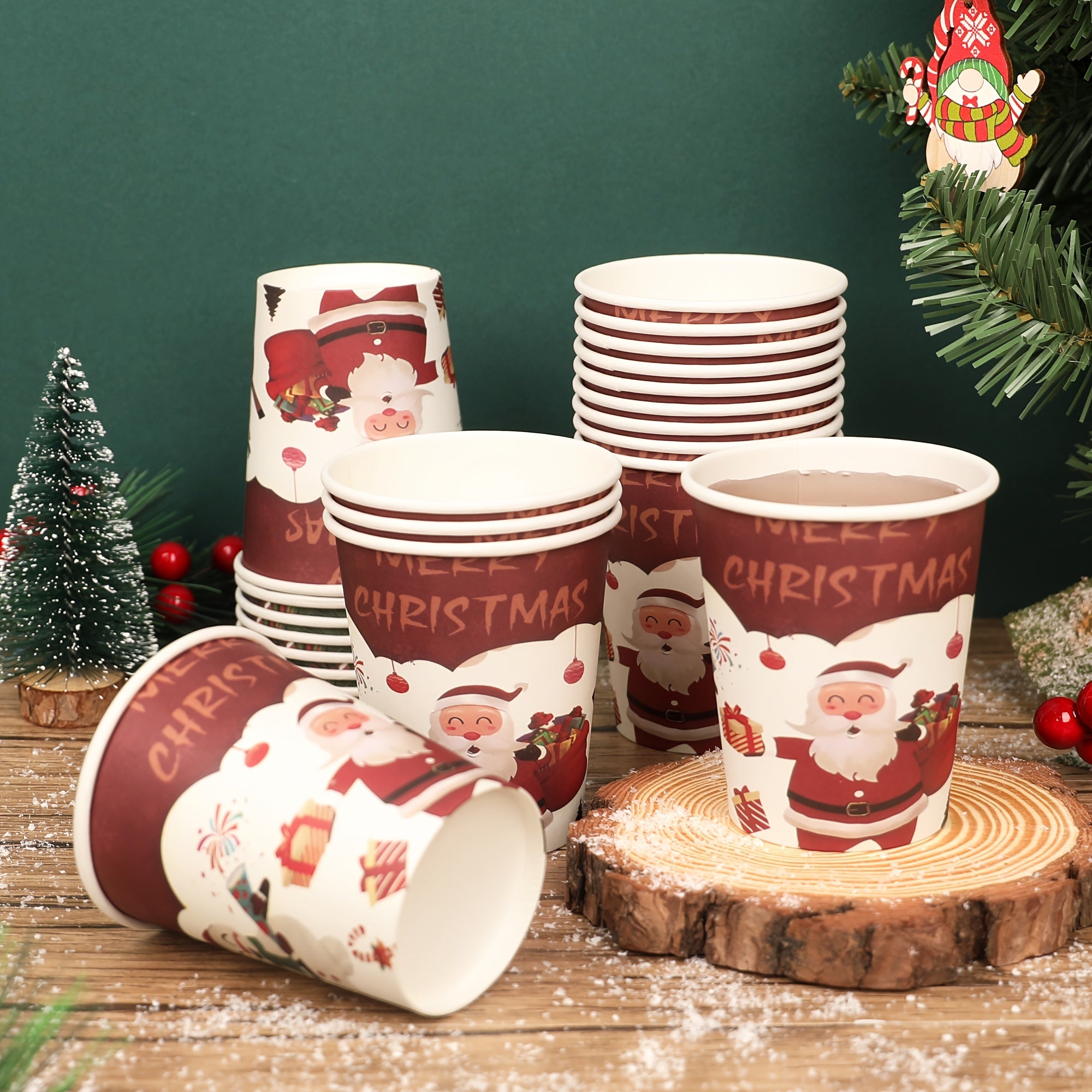 Red Christmas Disposable Paper Cups Santa Snowflake Design BPA-Free Recyclable Cold Drinks