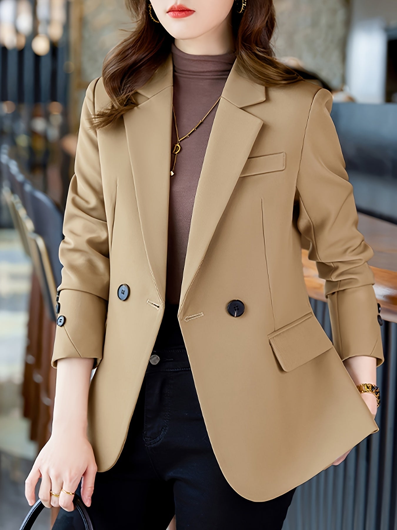 Women's Beige Double-Breasted Blazer with Lapel Collar for Spring