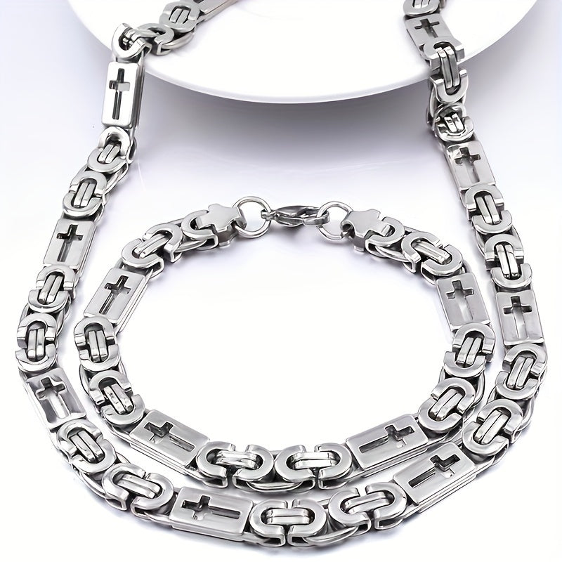 Men's Stainless Steel Necklace and Bracelet Set Golden Tone Hollow-Out Design 55.88cm/22.1in