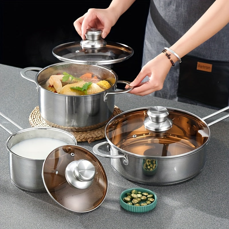 6-Piece Stainless Steel Cookware Set with Glass Lids, Triple-Layer Base