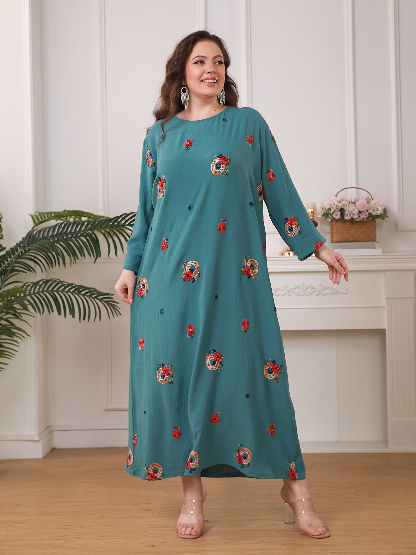 Plus Size Floral Print Abaya for Women Long Sleeve Loose Fit Middle Eastern Style