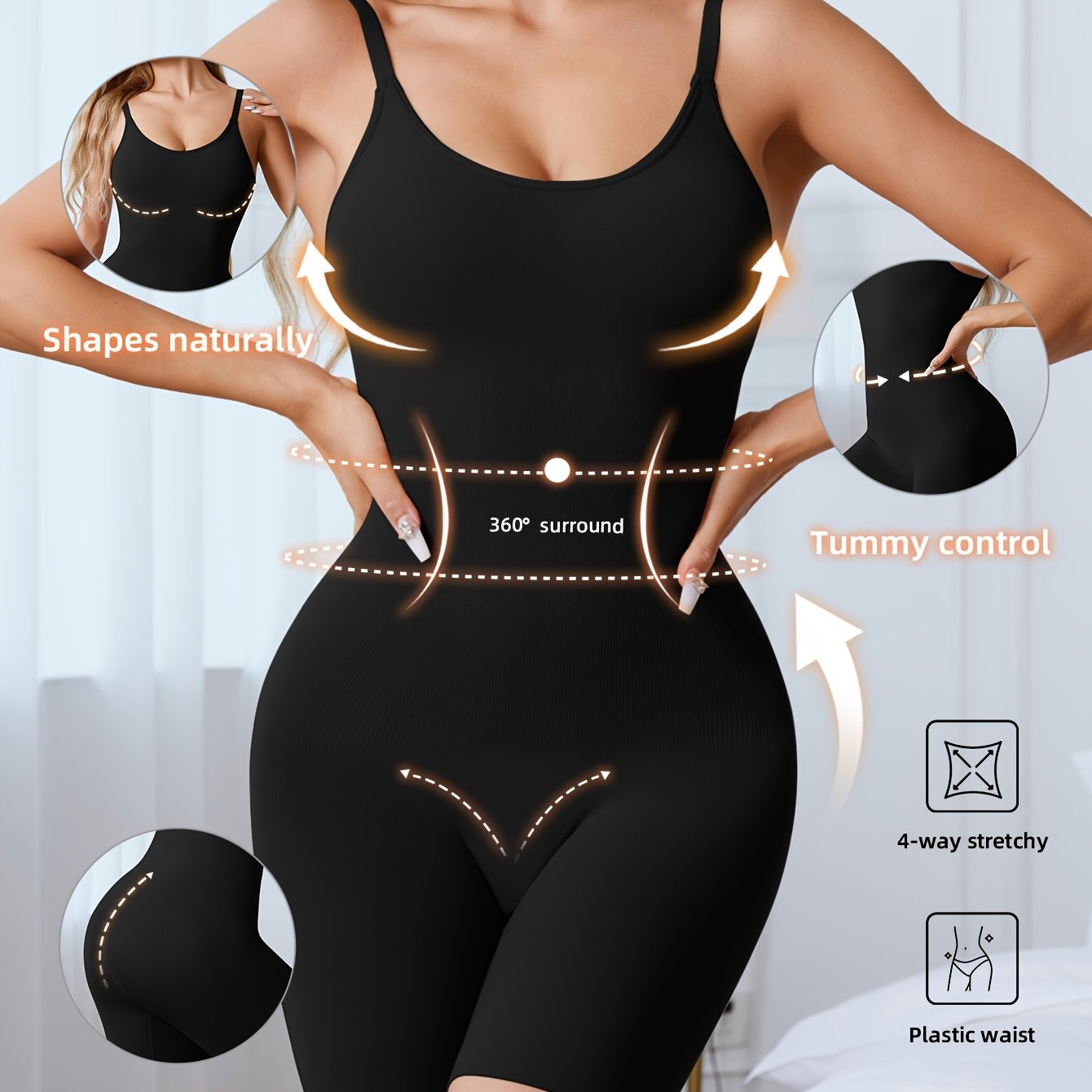 Women's Black High Support Seamless Knit Shapewear Bodysuit Without Padding