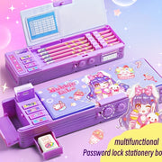 Purple Pencil Case with Password Lock, Colorful Compartments, Portable Stationery Organizer for Girls