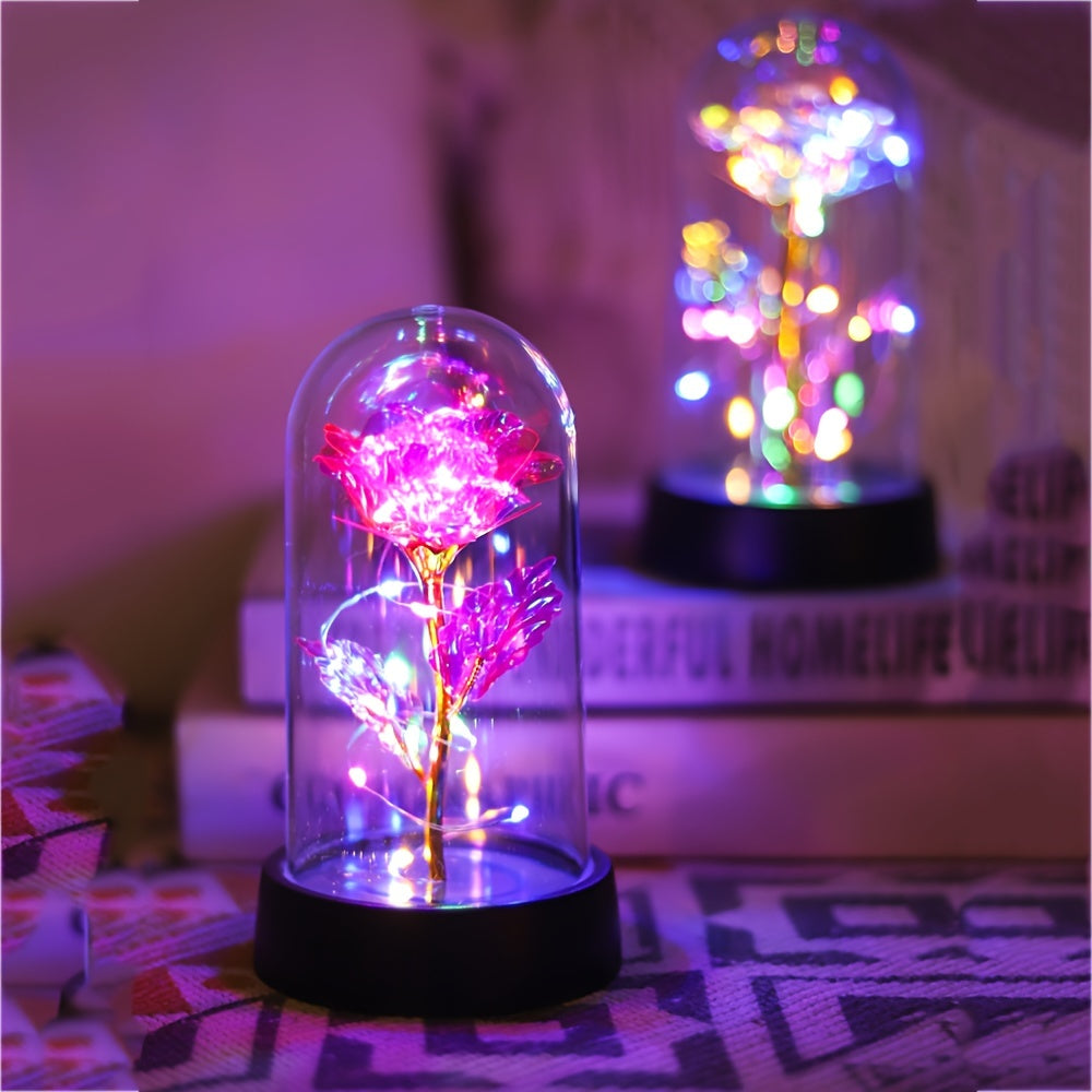 LED Night Light Rose in Glass Dome Pink or Yellow Flowers Battery Powered Gift for Valentine's Day Mother's Day Weddings
