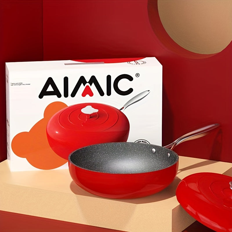 Premium Non-Stick Cast Iron Wok with Lid in Chinese Red Gift Box Set - Electric va Gaz pechlari uchun mos - Uyda pishirish uchun mukammal - 1 dona