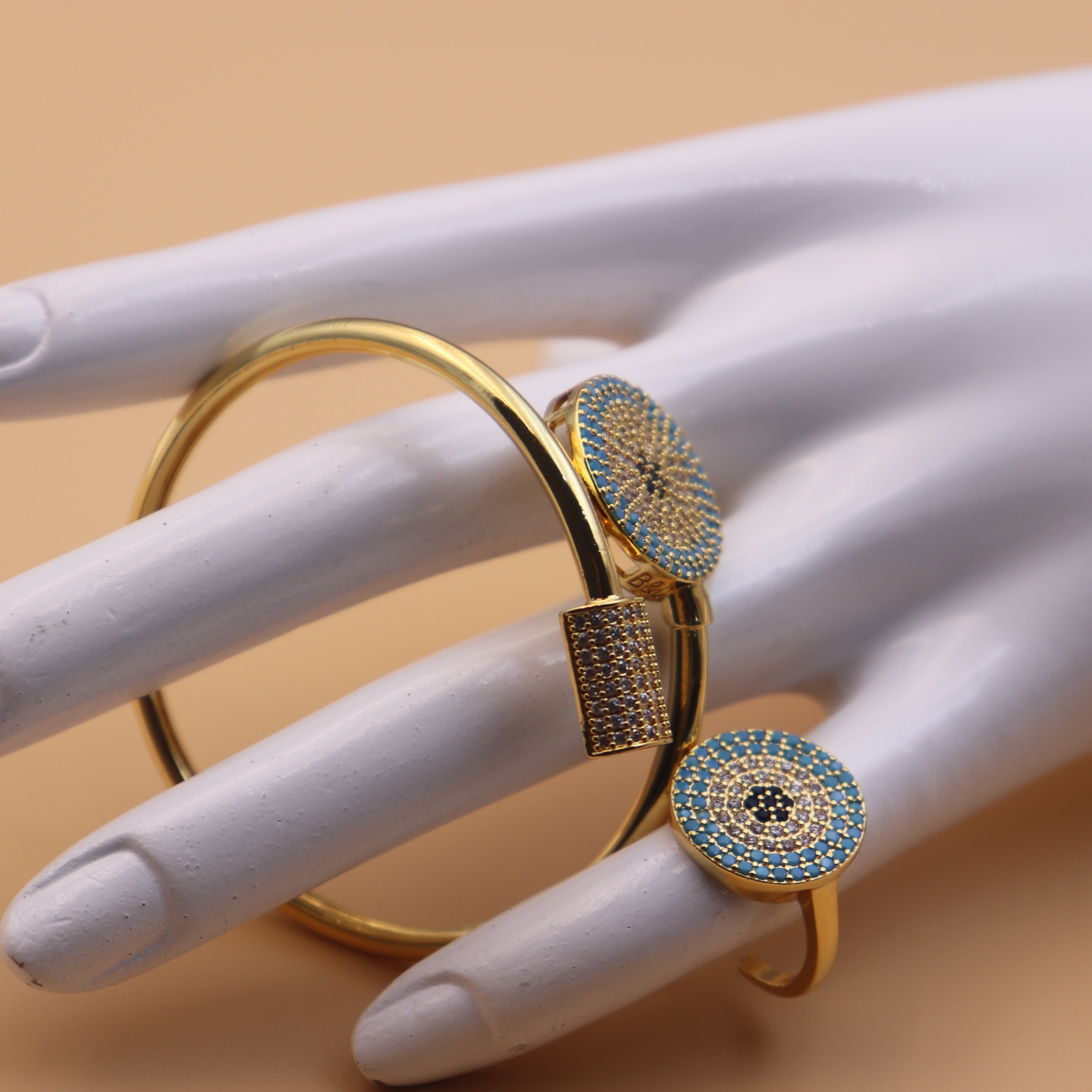 Gold Plated Bangle with Turquoise Inlay and Ring for Women