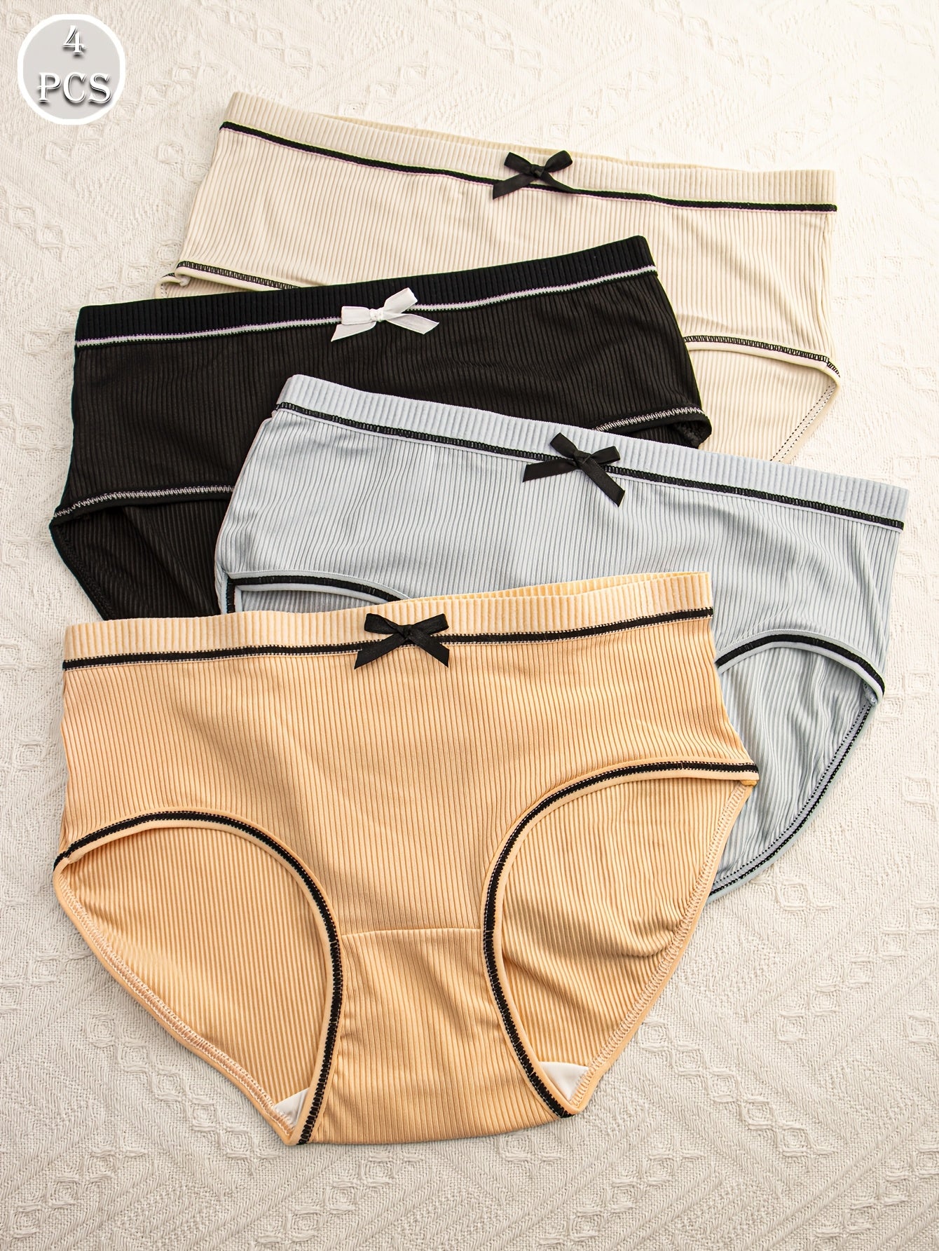 Women's Ribbed Breathable Briefs 4-Pack with Bowknot and Triangle Design