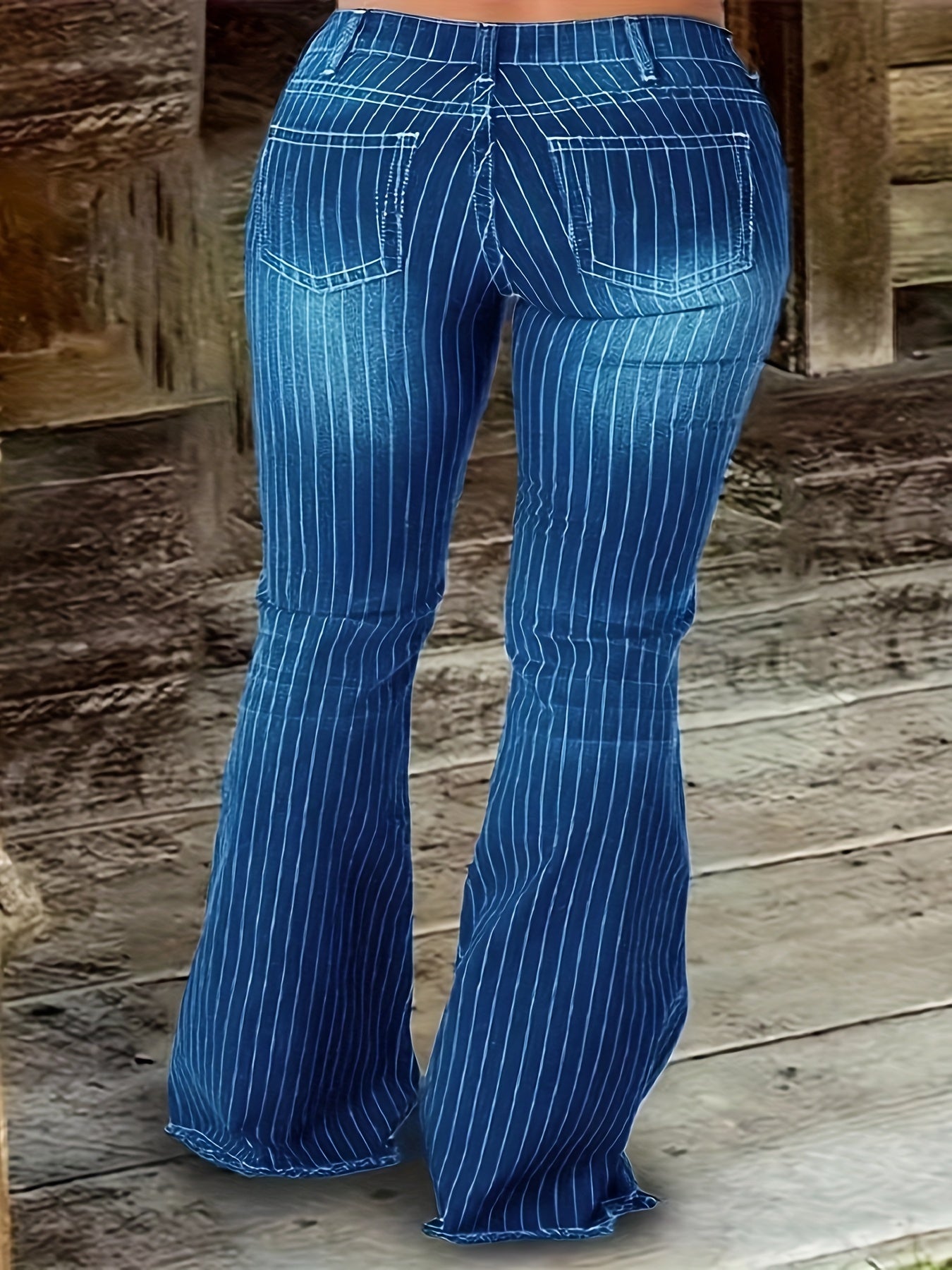 Women's Plus Size High-Waisted Flared Pants Blue White Striped Wide-Leg Trousers