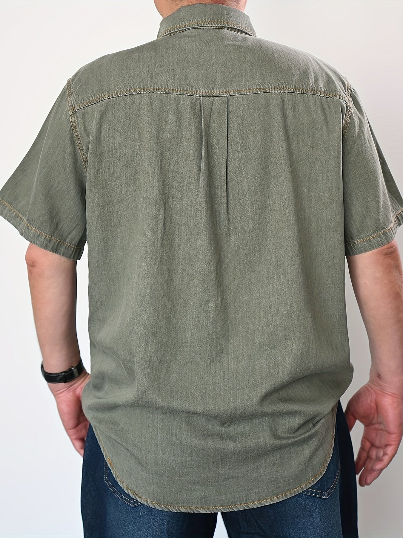 Plus Size Men's Denim Shirt Summer V-Neck Vintage Cotton Lyocell Casual