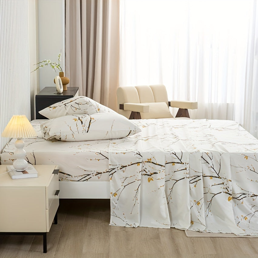 Floral Branch Microfiber Fitted Sheet Set with Deep Pockets and Pillowcases
