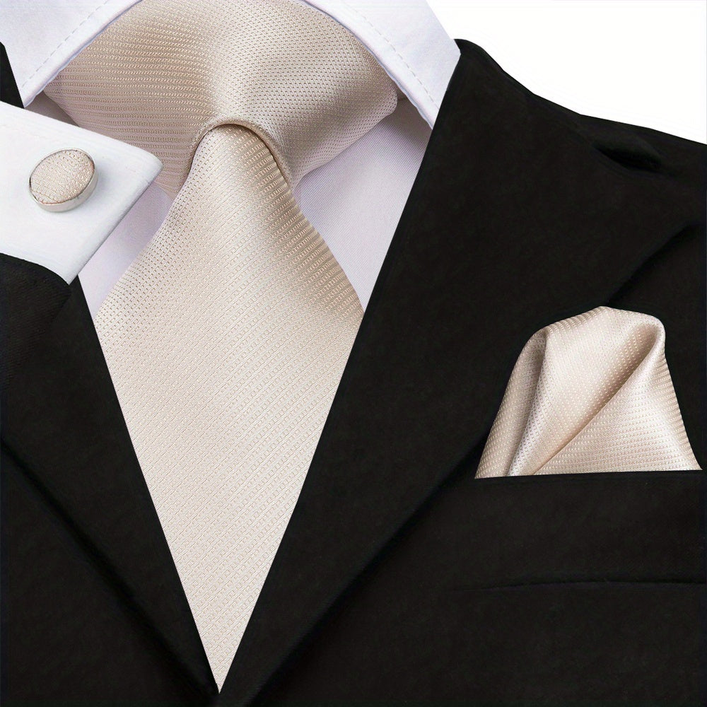 Men's Classic Necktie Set 160cm with Matching Hanky and Cufflinks for Business and Formal Events