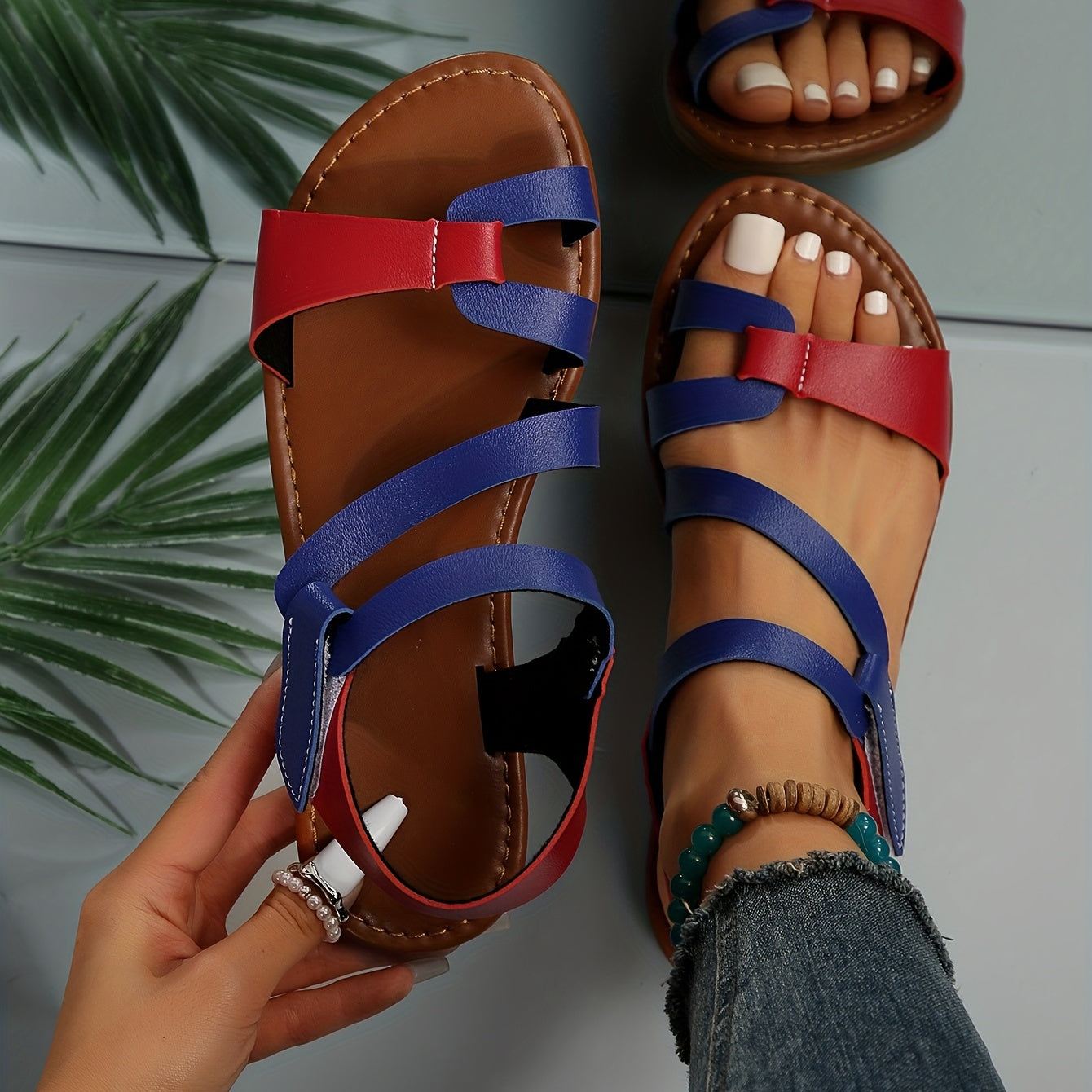 Women's Flat Sandals Contrast Color Open Toe Beach Summer Lightweight