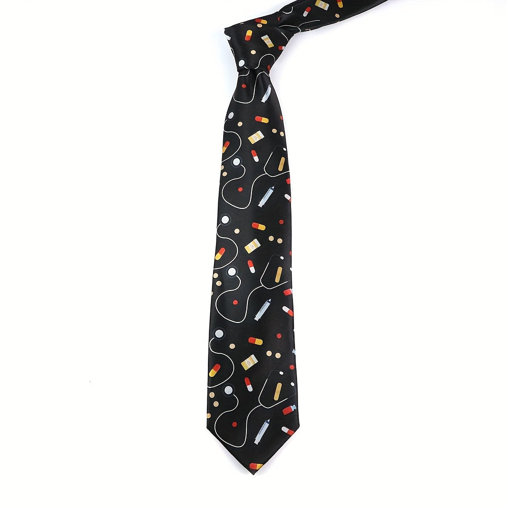 Silk-Like Printed Tie with Airplanes Planets Symbols Musical Notes Footballs for School Work Party