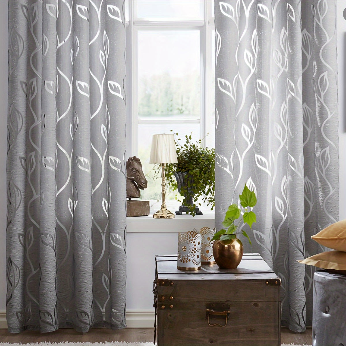 Light Gray Leaf Jacquard Sheer Curtain with Rod Pocket for Bedroom Living Room Office