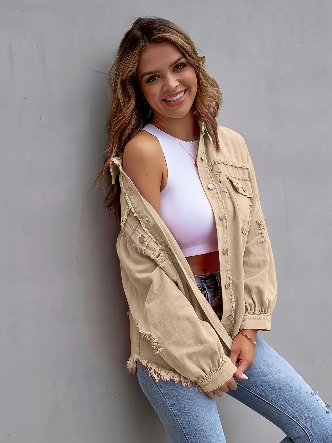 Women's Plus Size Distressed Denim Jacket Boho Style Rayon Viscose Button Lapel Spring Fall