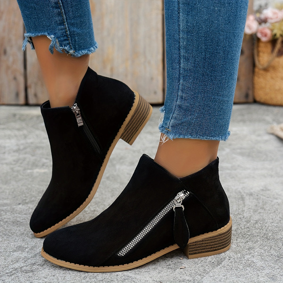 Women's Velvet Ankle Boots, Chunky Heel, Pointed Toe, Side Zipper