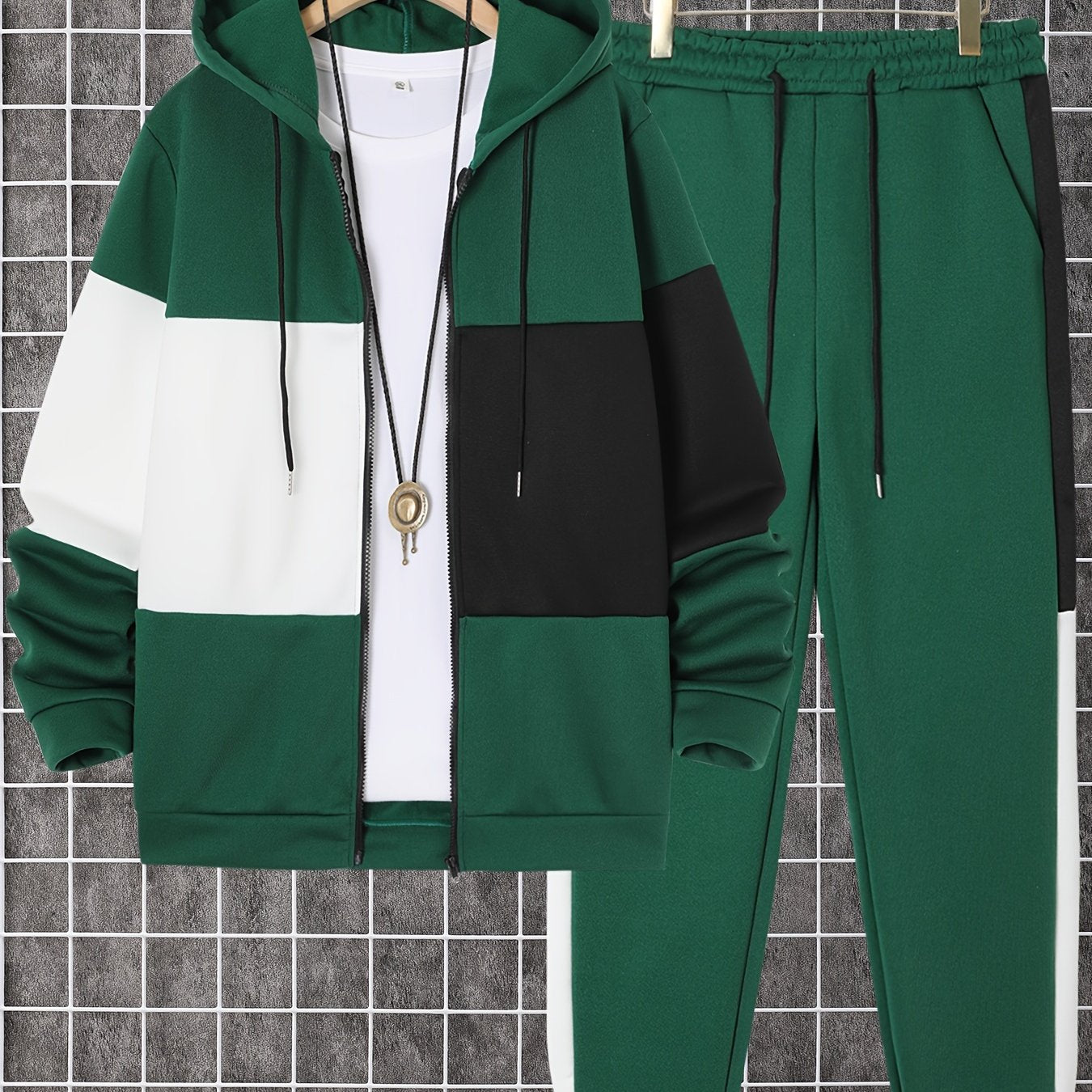 Men's Color Block Polyester Tracksuit with Hooded Zip Up Hoodie and Jogging Pants for Gym and Running